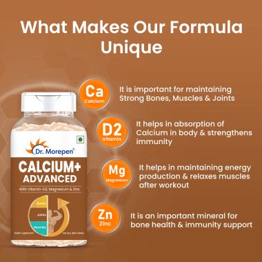 Dr. Morepen: Calcium+ Advanced Tablets with Vitamin - D2, Magnesium & Zinc - 120 Veg Tablets - Pack of 2