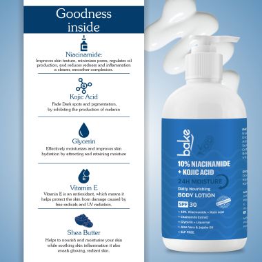 Bake Cosmetics:   10% Niacinamide Body Lotion SPF 30 PA+++ with Kojic Acid