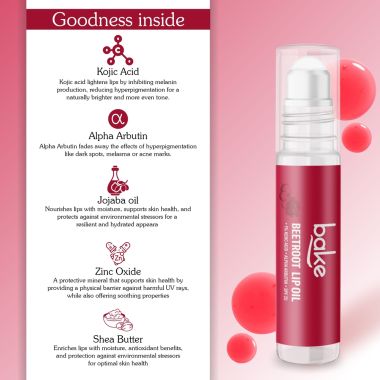Bake Cosmetics:   1% Kojic Acid + Alpha Arbutin Beetroot Tinted Lip Balm Oil SPF 25 PA+++