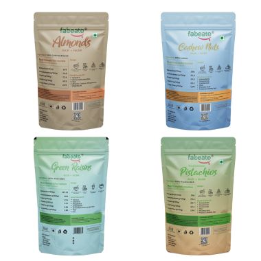 Fabeato: Fabeato Premium Dry Fruits and Nuts Combo (4 x 200 g) Almonds, Cashews, Pistachios, Seedless Green Raisin (250g)
