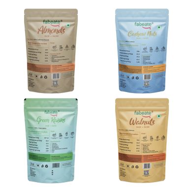 Fabeato: Fabeato Premium Dry Fruits and Nuts Combo (4 x 200 g) Almonds,Cashews,Walnut Kernels,Seedless Green Raisin (250g)