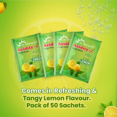 Dr. Morepen: Acidity-X Fizz for Indigestion, Acidity & Gas Relief, Tangy Lemon Flavour - 50 Sachets