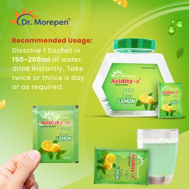 Dr. Morepen: Acidity-X Fizz for Indigestion, Acidity & Gas Relief, Tangy Lemon Flavour - 50 Sachets