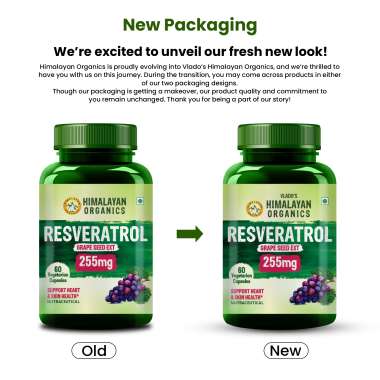 Vlado's Himalayan Organics: Resveratrol 255mg with Grape Seed Extract Supplement | Support Heart And Skin Health | Powerful Anti-oxidant for Anti-Ageing - 60 Veg Capsules
