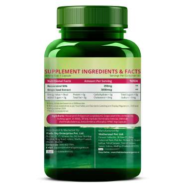 Vlado's Himalayan Organics: Resveratrol 255mg with Grape Seed Extract Supplement | Support Heart And Skin Health | Powerful Anti-oxidant for Anti-Ageing - 60 Veg Capsules