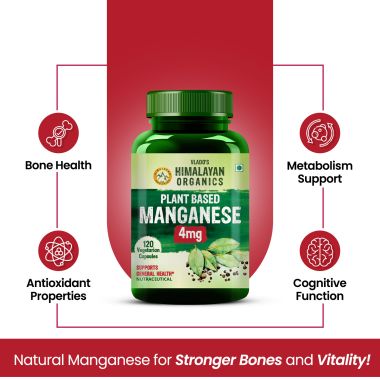 Vlado's Himalayan Organics: Plant Based Manganese 4mg Supplement | Trace Mineral Supplement for Connective Tissue and Bones | Good For Skeletal Health Support - 120 Veg Capsules