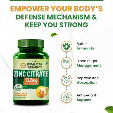Vlado's Himalayan Organics: Zinc Citrate | Support Healthy Immune Function | Improve Iron Absorption | Antioxidant Support - 120 Veg Capsules
