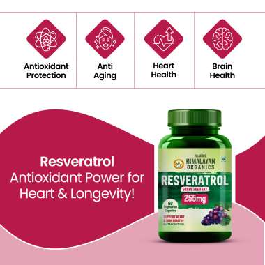 Vlado's Himalayan Organics: Resveratrol 255mg with Grape Seed Extract Supplement | Support Heart And Skin Health | Powerful Anti-oxidant for Anti-Ageing - 60 Veg Capsules