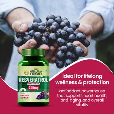 Vlado's Himalayan Organics: Resveratrol 255mg with Grape Seed Extract Supplement | Support Heart And Skin Health | Powerful Anti-oxidant for Anti-Ageing - 60 Veg Capsules