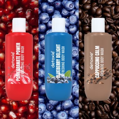 Detoxie: Detoxie Fruit-Infused Body Wash & Loofah Combo | Coffee, Blueberry & Pomegranate | 3 * 250 ml Each | Men & Women | For Refreshed & Smooth Skin | Value Pack | Toxin Free