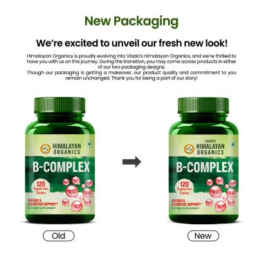 Vlado's Himalayan Organics: Vitamin B Complex with 100% RDA B1, B2, B3, B5, B6, B7, B9 & B12 | Hair Growth, Energy & Immunity | Youthful Skin - 120 Veg Tablets