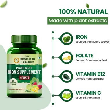 Vlado's Himalayan Organics: Plant Based Iron Supplement with Folate | Blood Builder | Whole Food | 90 Veg Capsules