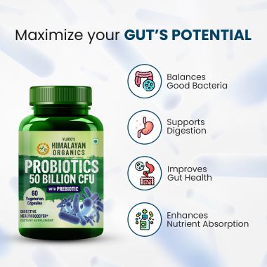 Vlado's Himalayan Organics: Probiotics Supplement 50 Billion CFU with Prebiotics 150mg for Digestion, Gut Health & Immunity - 60 Veg Capsules