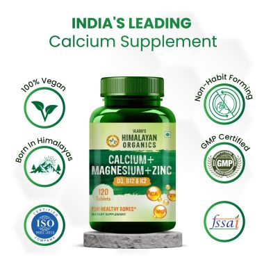 Vlado's Himalayan Organics: Calcium Magnesium Zinc Vitamin D3 & B12- 120 Vegetarian Tablets
