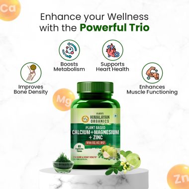 Vlado's Himalayan Organics: Plant Based Calcium Magnesium + Zinc | Vitamin D3+k2 Supplement For Stronger Bones | Boost Immunity | Healthy Heart | Muscle Growth - 60 veg Tablet