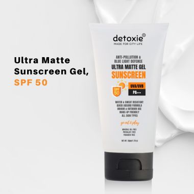 Detoxie: Detoxie | Ultra Matte Sunscreen Gel | Matte Finish, Dry Tint | For All Skin Types | Water & Sweat Resistant With Spf 50 Pa+++ | No White Cast, Non-Greasy & Non-Comedogenic | Titanium Dioxide | 50g