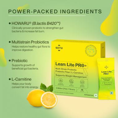 SETU: Lean Lite Pro (15x2) + Weight Management Gut Health Powder | Clinically-Proven HOWARU® Shape Probiotic From USA | Probiotics, Prebiotics + L-Carnitine | For Men & Women (30 Sachet)