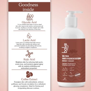 Bake Cosmetics: De-Tan Anti Pigmentation Coffee Body Wash with Kojic Acid, Glycolic Acid, Lactic Acid for Dark Spots, Pigmentation, Tanning & Tan Removal
