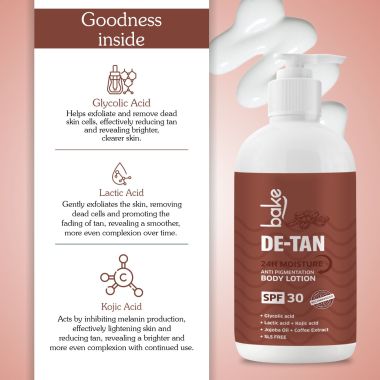 Bake Cosmetics: De-Tan Anti Pigmentation Coffee Body Lotion with Kojic Acid, Glycolic Acid, Lactic Acid for Dark Spots, Pigmentation, Tanning & Tan Removal