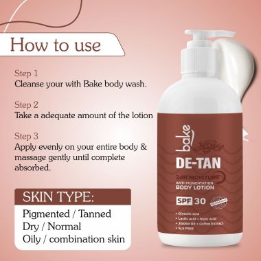Bake Cosmetics: De-Tan Anti Pigmentation Coffee Body Lotion with Kojic Acid, Glycolic Acid, Lactic Acid for Dark Spots, Pigmentation, Tanning & Tan Removal