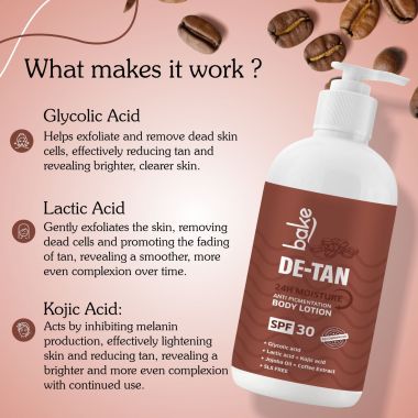 Bake Cosmetics: De-Tan Anti Pigmentation Coffee Body Lotion with Kojic Acid, Glycolic Acid, Lactic Acid for Dark Spots, Pigmentation, Tanning & Tan Removal