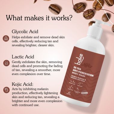 Bake Cosmetics: De-Tan Anti Pigmentation Coffee Body Wash with Kojic Acid, Glycolic Acid, Lactic Acid for Dark Spots, Pigmentation, Tanning & Tan Removal