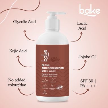 Bake Cosmetics: De-Tan Anti Pigmentation Coffee Body Wash with Kojic Acid, Glycolic Acid, Lactic Acid for Dark Spots, Pigmentation, Tanning & Tan Removal
