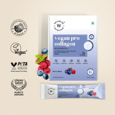 Wellbeing Nutrition: Vegan Pro Collagen | Clinically Proven Plant Based Peptides, Hyaluronic acid, Astaxanthin, Resveratrol | Berry Blast 6 Sachets