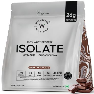 Wellbeing Nutrition: 100% Whey Protein Isolate (Dark Chocolate) | 26g Protein, 13g EAA | Clinically Proven 2x Muscle Protein Synthesis| 4B CFU Probiotics | Digestive Enzymes | Easy to Digest | 1kg