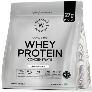 Wellbeing Nutrition: 100% Raw Whey Protein Concentrate (Unflavoured) | 27g Protein, 12.7g EAA, 6g BCAA | 4B CFU Probiotics & Natural Digestive Enzymes | No Bloating, Easy to Digest | 1kg