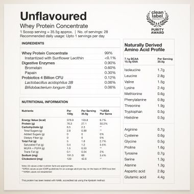 Wellbeing Nutrition: 100% Raw Whey Protein Concentrate (Unflavoured) | 27g Protein, 12.7g EAA, 6g BCAA | 4B CFU Probiotics & Natural Digestive Enzymes | No Bloating, Easy to Digest | 1kg