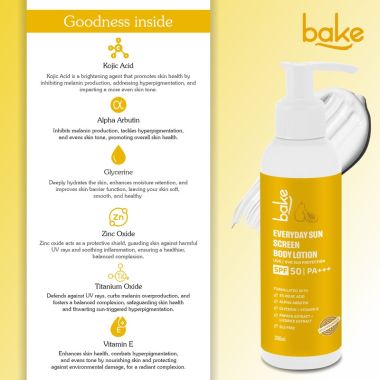 Bake Cosmetics: Everyday Sunscreen Body Lotion SPF 50 PA+++ with 2% Kojic Acid & Alpha Arbutin for Tanning, Sun Protection 