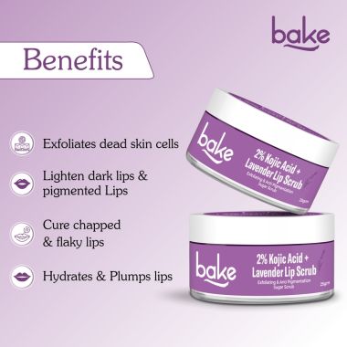 Bake Cosmetics: 2% Kojic Acid Lavender Lip Scrub for Dark, Pigmented Lips with Sugar Granules for Dry & Pink Lips
