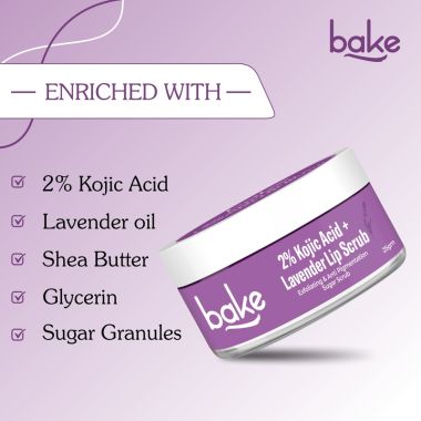 Bake Cosmetics: 2% Kojic Acid Lavender Lip Scrub for Dark, Pigmented Lips with Sugar Granules for Dry & Pink Lips