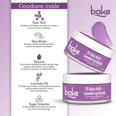 Bake Cosmetics: 2% Kojic Acid Lavender Lip Scrub for Dark, Pigmented Lips with Sugar Granules for Dry & Pink Lips