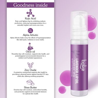 Bake Cosmetics: 2% Kojic Acid Lavender Lip Balm Oil for Dark & Pigmented Lips with SPF 50