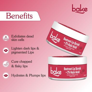 Bake Cosmetics: 2% Kojic Acid Beetroot Lip Scrub for Dark Pigmented Lips with Sugar Granules for Dry & Pink Lips