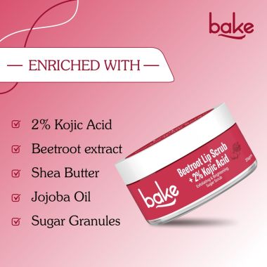 Bake Cosmetics: 2% Kojic Acid Beetroot Lip Scrub for Dark Pigmented Lips with Sugar Granules for Dry & Pink Lips