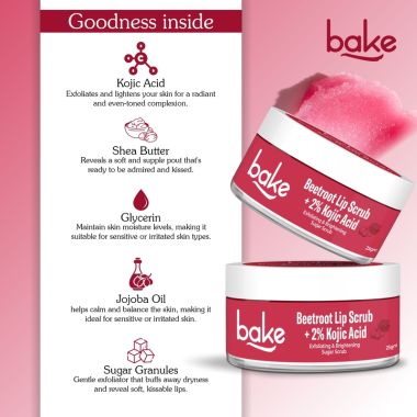 Bake Cosmetics: 2% Kojic Acid Beetroot Lip Scrub for Dark Pigmented Lips with Sugar Granules for Dry & Pink Lips