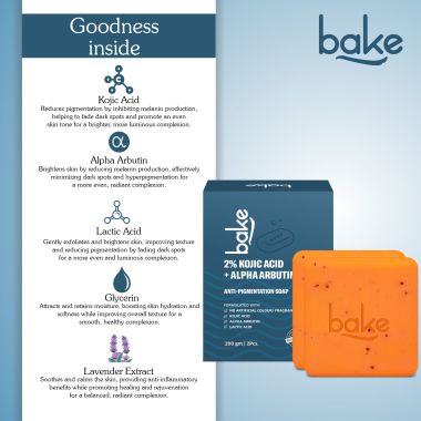 Bake Cosmetics: 2% Kojic Acid Soap with Alpha Arbutin, Lactic Acid & Niacinamide For Pigmentation, Dark Spots, Tan Removal, Brightens Underarms-Pack of 2(100g x 2)