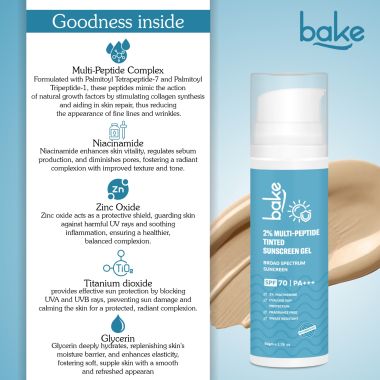 Bake Cosmetics: 2% Multi Peptide Tinted Sunscreen SPF 70 PA+++ with 2% Niacinamide - Sweat & Water Resistant
