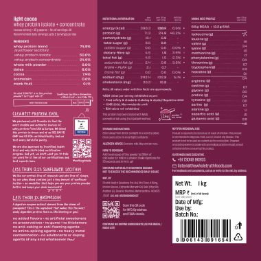 The Whole Truth: Whey Protein Isolate+Concentrate  Light Cocoa 1 kg (2.2 lbs)  24g Protein/Scoop  6.6g BCAA  100% Authentic Whey & No Adulteration  Clean, Light & Easy to Digest