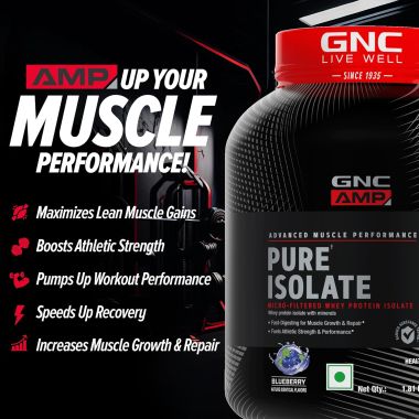 GNC: AMP Pure Isolate Zero Carb | 25g Protein | 6g BCAA | Blueberry | 4 lbs