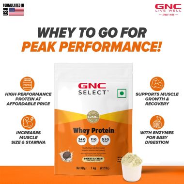 GNC: Select Whey Protein Powder With Free Shaker | 2.2lbs | Cookies & Cream