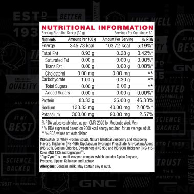 GNC: AMP Pure Isolate Zero Carb | 25g Protein | 6g BCAA | Blueberry | 4 lbs