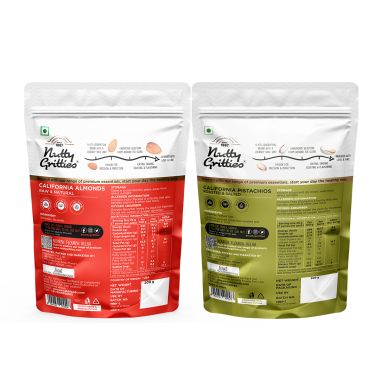 Nutty Gritties: Combo of Jumbo California Almonds 200gm & Roasted Pistachios -Pack of 2 - 200gm each