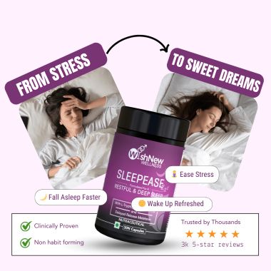 Wishnew Wellness: SLEEPEASE | 30 Capsules | Formulated for Restful & Deep Sleep | 100% Vegetarian