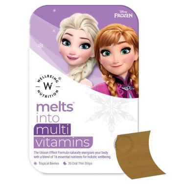 Wellbeing Nutrition: Frozen Elsa & Anna Melts - Kids Organic Multivitamin with Vitamin A, B-Complex, C, D and Iron - 30 Oral Thin Strips)