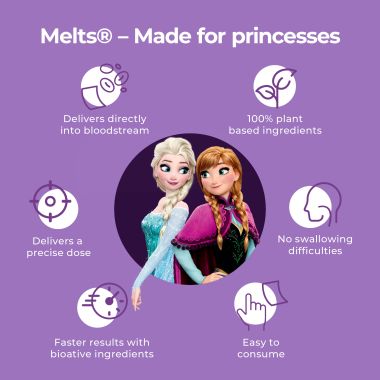 Wellbeing Nutrition: Frozen Elsa & Anna Melts - Kids Organic Multivitamin with Vitamin A, B-Complex, C, D and Iron - 30 Oral Thin Strips)