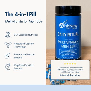 Wishnew Wellness: DAILY RITUAL Men 50+ Multivitamin | Delayed Release Capsules for Optimal Absorption | 22 Essential Nutrients with Cognitive & Joint Support | Overall Health & Vitality - 60 Vegetarian Capsules